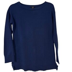 Talbots Womens Navy Blue Boat Neck Ruffle Split Hem Cotton Blend Sweater Small